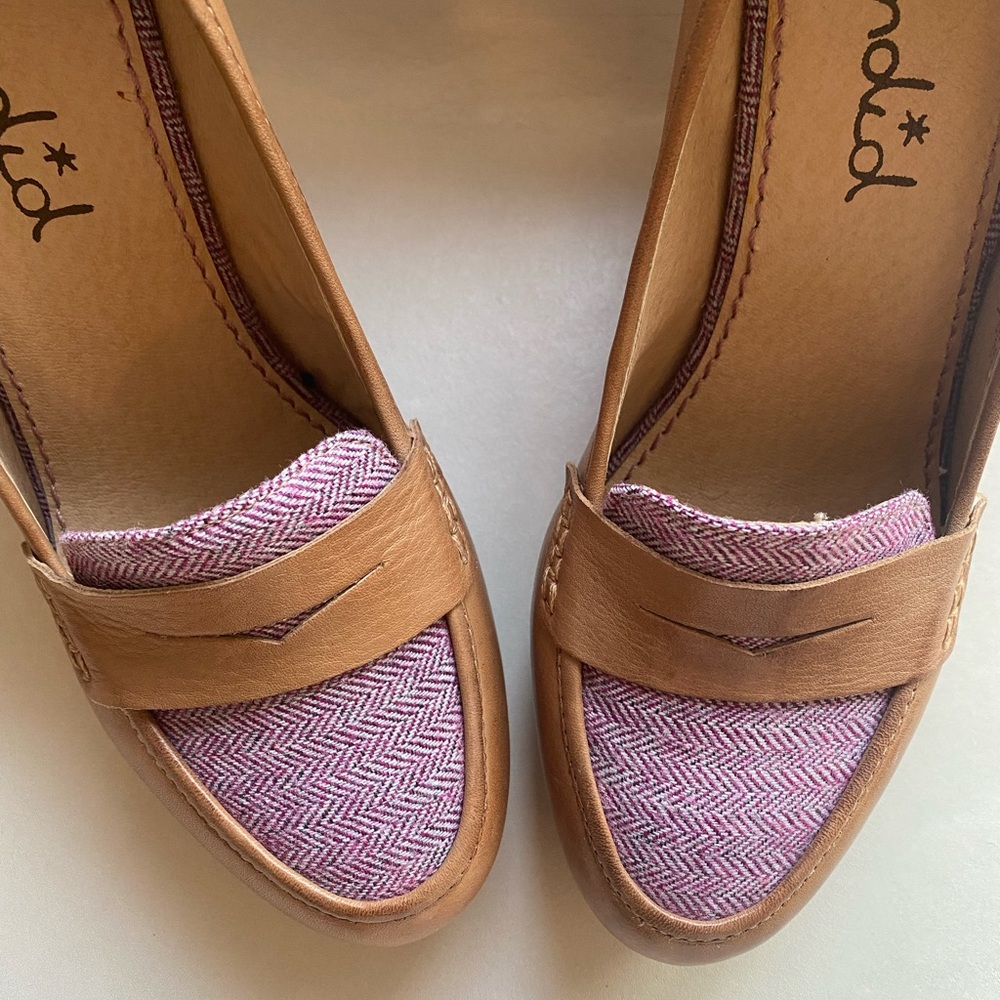 Tan leather and Purple herringbone Women's wedges